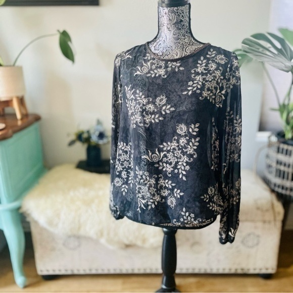 George Tops - Sheer Split Back Cinch Waist Long Sleeve Blouse